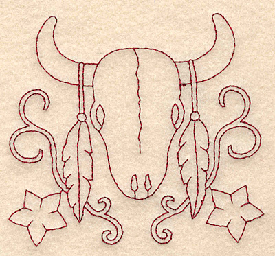 Embroidery Design: Redwork longhorn skull and feathers<br> 3.83w X 3.44h