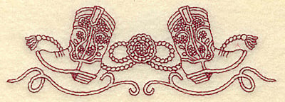 Embroidery Design: Redwork cowboy boots rope and swirls<br>1.66h x 4.95w