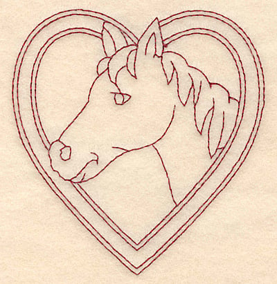 Embroidery Design: Redwork horse head in heart<br> 3.64w X 3.89h