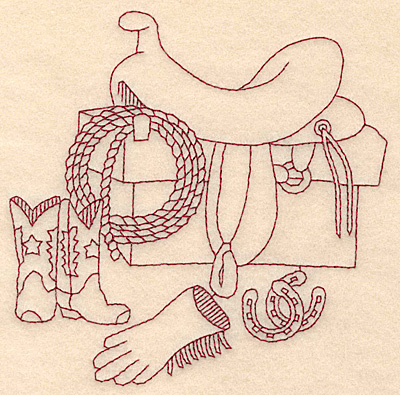 Embroidery Design: Redwork western scene with saddle<br> 4.80w X 4.83h