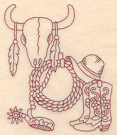 Embroidery Design: Redwork western scene with longhorn skull<br> 3.87w X 4.72h