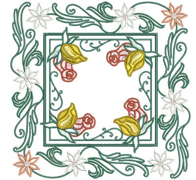Embroidery Design: Rose Buds In Floral Frame Lg<br> 7.01w X 7.01h