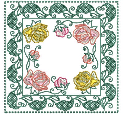 Embroidery Design: Rose Buds In Leaf Frame Lg<br> 7.01w X 7.01h