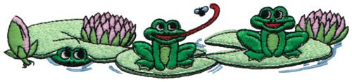 Embroidery Design: Frogs On Lilypads<br>6.73" x 1.49"
