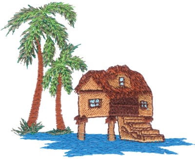 Embroidery Design: Tropical Hut on Stilts<br>3.80" x 2.97"