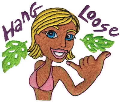 Embroidery Design: Hang Loose - Surfer Girl<br>4.24" x 3.61"