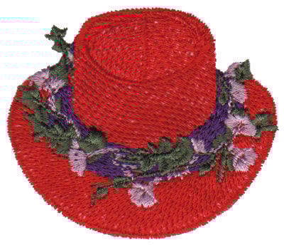 Embroidery Design: Red Hat with Flowers<br>2.75" x 2.33"