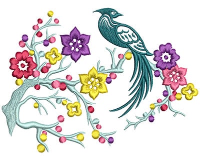 Embroidery Design: Bird on Flowers A Large<br> 5.09w X 3.74h