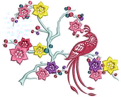 Embroidery Design: Bird on Flowers E Large<br> 5.07w X 4.14h