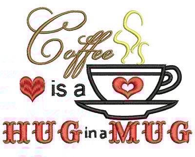 Embroidery Design: Hug in a Mug Applique<br>H=3.58 X W=4.97 | Embroidery Legacy Embroidery Design: Hug in a Mug Applique<br>H=3.58 X W=4.97