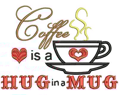 Embroidery Design: Hug in a Mug Applique<br>H=5.00 X W=6.95 | Embroidery Legacy Embroidery Design: Hug in a Mug Applique<br>H=5.00 X W=6.95
