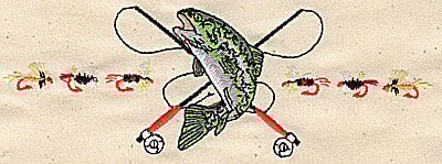 Embroidery Design: Fish with rods and lures<br> 6.44w X 2.48h
