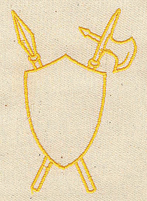 Embroidery Design: Shield with spear and axe<br> 1.06w X 3.13h
