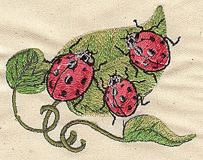 Embroidery Design: Ladybugs on leaf<br> 3.88w X 3.00h