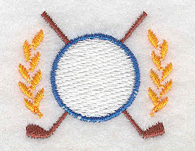 Embroidery Design: Crossed golf clubs and laurel leaves<br> 1.56w X 1.31h