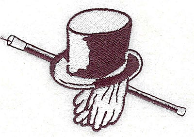 Embroidery Design: Top hat gloves and walking stick<br> 3.06w X 2.06h