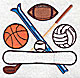 Embroidery Design: Assorted sports balls and equipment<br> 3.56w X 3.38h