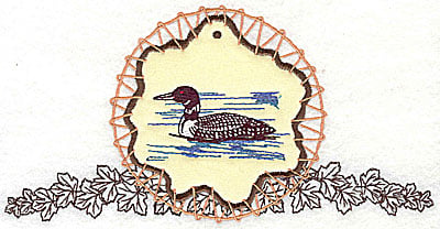 Embroidery Design: Loon on applique with leaves<br> 7.81w X 3.94h
