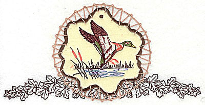Embroidery Design: Duck on applique with leaves<br> 7.81w X 3.94h