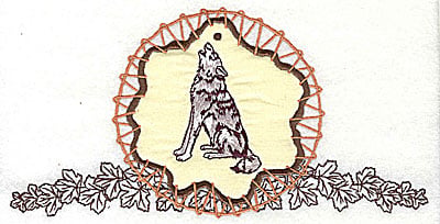 Embroidery Design: Howling wolf in dream catcher applique<br> 7.81w X 3.94h