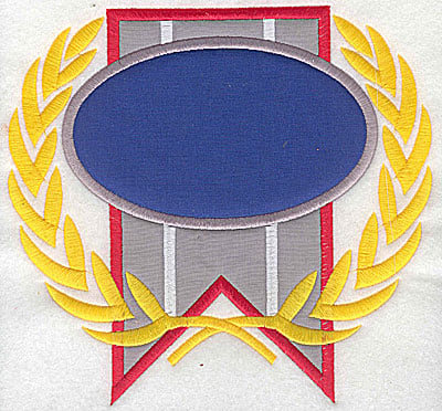 Embroidery Design: Banner oval and wreath appliques<br> 7.88w X 7.38h