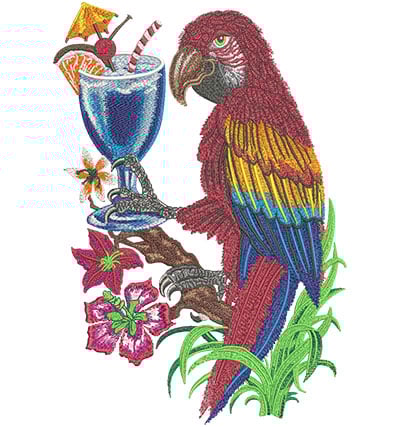 Embroidery Design: Parrot with Drink Jacket back<br>7.84w x 11.31h | Embroidery Legacy Embroidery Design: Parrot with Drink Jacket back<br>7.84w x 11.31h
