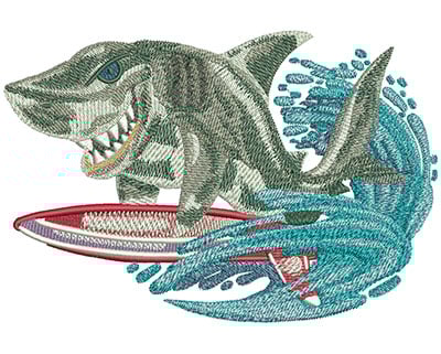 Embroidery Design: Shark Surfing Lg<br> 5.99w X 4.03h