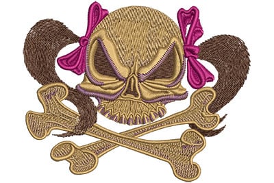 Embroidery Design: Skull With Pigtails Lg<br> 4.45w X 3.59h