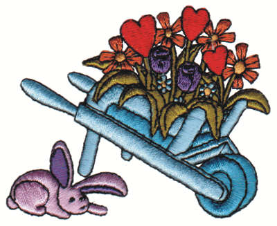 Embroidery Design: Floral Wheelbarrow w/ Bunny<br>3.25" x 2.80"