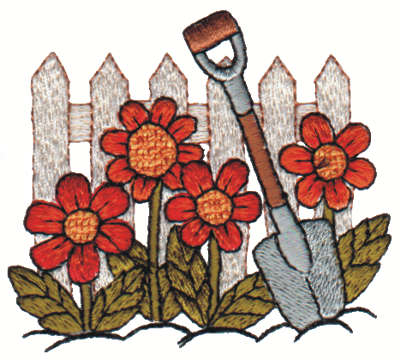 Embroidery Design: Fence w/ Flowers & Shovel<br>3.01" x 2.65"