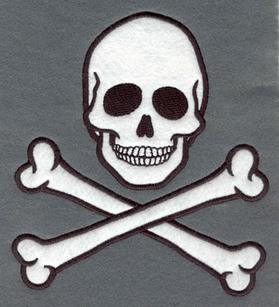 Embroidery Design: Skull with Cross Bones Applique<br>6.49w X 7.22h