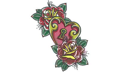 Embroidery Design: Heart Lock Roses<br> 4.47w X 5.46h