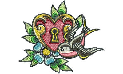 Embroidery Design: Heart Lock Swallow<br> 5.37w X 4.56h