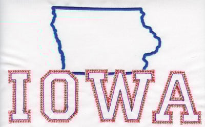 Embroidery Design: Iowa Outline and Name<br>4.87" x 7.98"