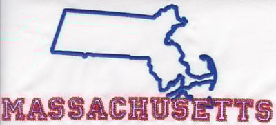 Embroidery Design: Massachusettes Outline and Name<br>3.48" x 8.03"