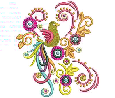 Embroidery Design: Retro Art Bird Swirls<br> 4.76w X 5.47h