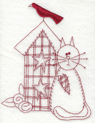Embroidery Design: Cat and Birdhouse (large)<br>4.50" x 5.94"