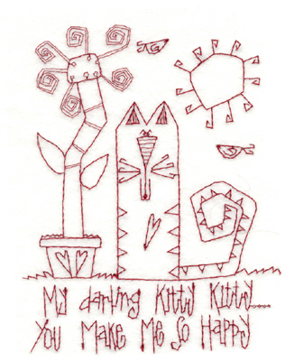 Embroidery Design: Kitty Makes Me Happy (large)<br>4.59" x 5.89"