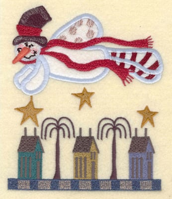 Embroidery Design: Flying Snowman with Homes<br>4.95w X 5.94h