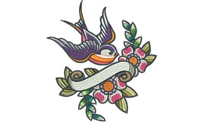 Embroidery Design: Swallow Tattoo Banner with Flowers<br> 4.51w X 4.95h