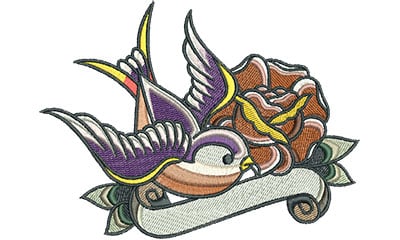 Embroidery Design: Swallow Tattoo with Rose<br> 6.01w X 4.48h