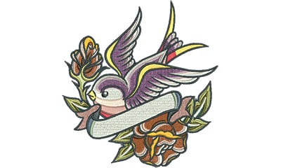 Embroidery Design: Swallow Tattoo with Roses<br> 4.67w X 5.01h
