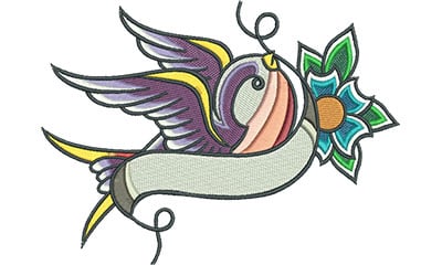 Embroidery Design: Swallow Tattoo with Cherry Blossom<br> 6.34w X 4.65h