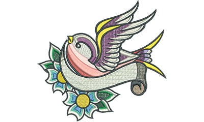 Embroidery Design: Swallow Tattoo with Cherry Blossoms<br> 4.95w X 4.66h