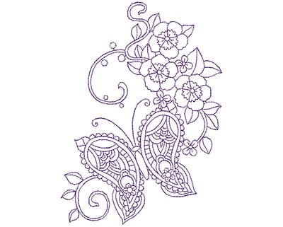 Embroidery Design: Paisley Butterfly with Flowers B<br> 5.06w X 7.00h