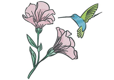 Embroidery Design: Hummingbird with Blooming Flowers<br> 7.30w X 7.09h | Embroidery Legacy Embroidery Design: Hummingbird with Blooming Flowers<br> 7.30w X 7.09h