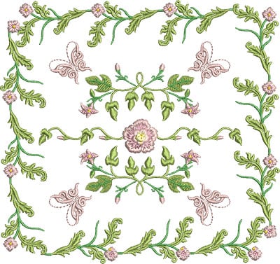 Embroidery Design: Rose and Butterfly Block 8<br> 7.28w X 6.86h