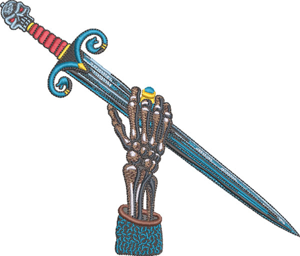 K-7927SkeletonHandSword_L | Embroidery Legacy skeleton hand sword embroidery design