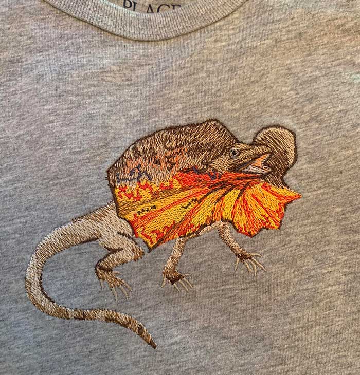 TracyEG-outbackfrilledlizard | Embroidery Legacy frilled lizard shirt