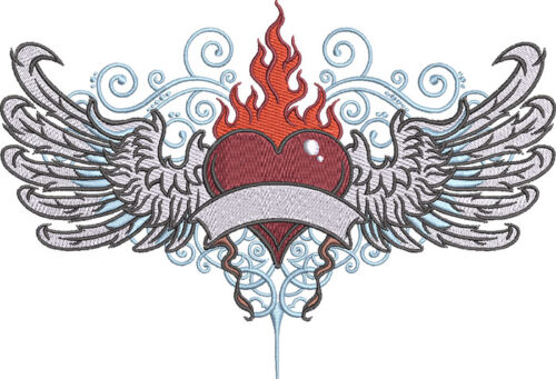 Embroidery Design: Flame Heart Wings 3 sizes